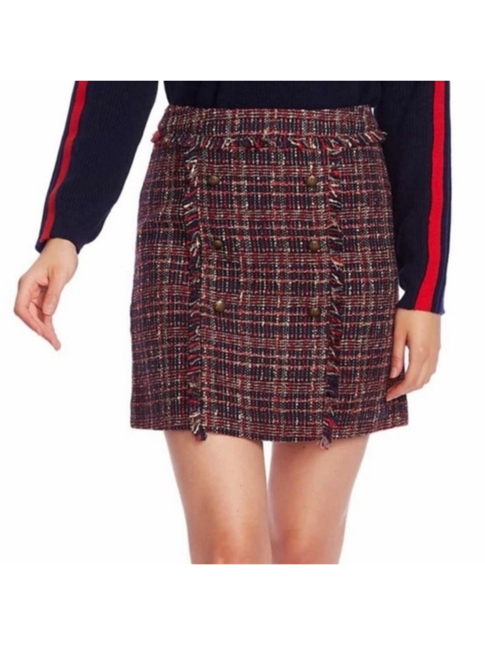 Court & Rowe Belle Noel Plaid Mini Skirt in red & blue tweed with brass buttons